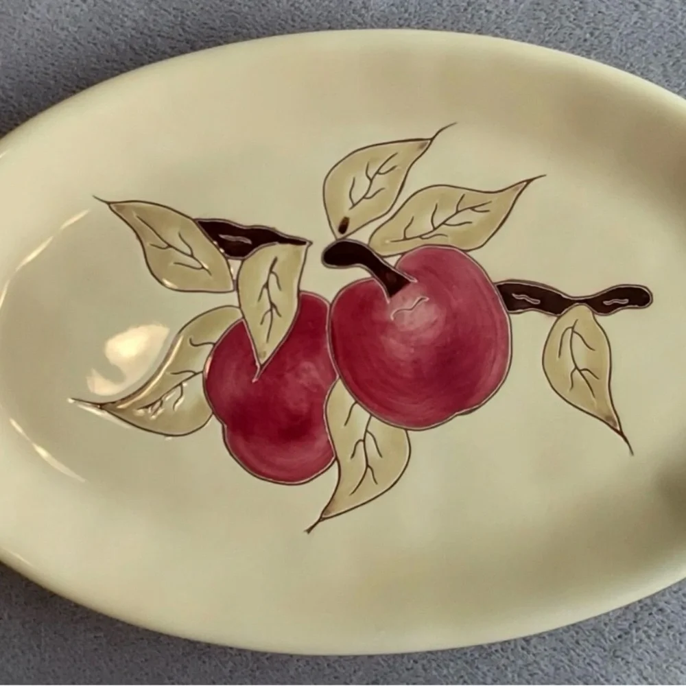 Stoneware Serving Platter Small Oval Yellow Hand-Painted Apples Russ Berrie